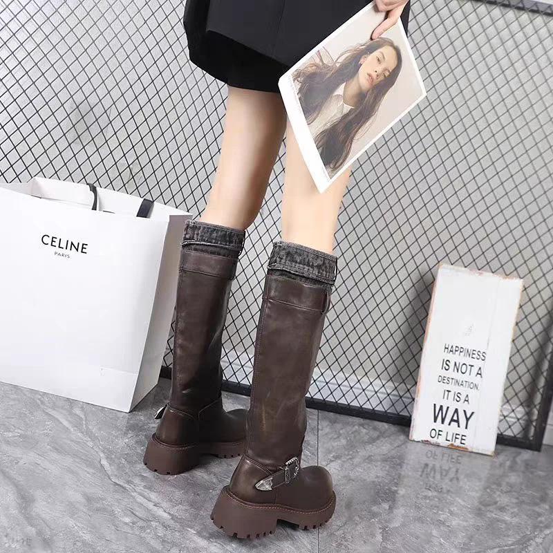 5861-9 英伦风时尚真皮皮带扣不过膝长筒靴子新款秋季