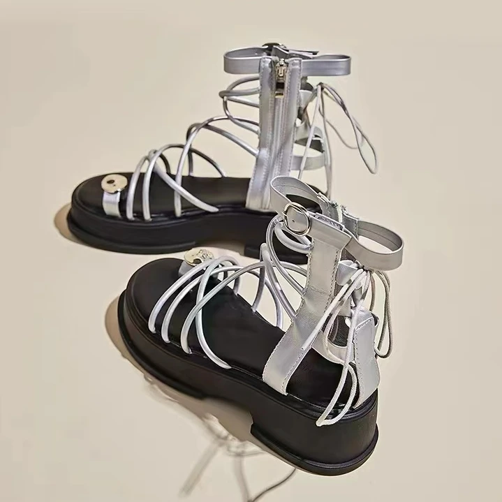 166-16厚底交叉细带罗马凉鞋2024新款圆头防滑真皮套趾仙女风凉靴