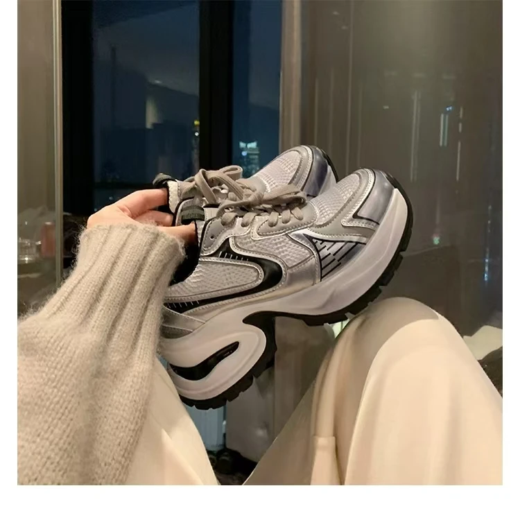 6698-52（加绒）擦旧系带休闲运动鞋透气网面厚底增高老爹鞋秋冬