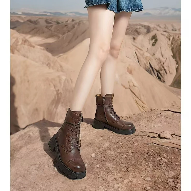 886-72（单里）马丁靴靴子冬季女新款厚底系带复古百搭机车瘦瘦短靴