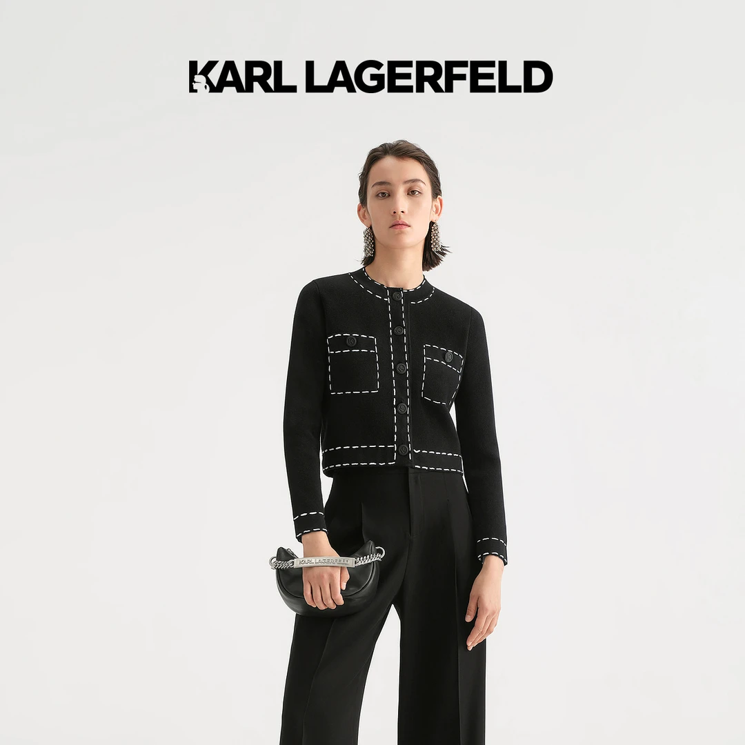 KARL LAGERFELD卡尔拉格斐2023秋撞色缝线针织开衫老佛爷236L2031