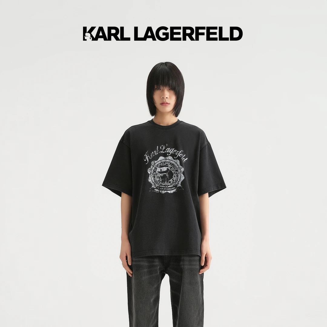 KARL LAGERFELD卡尔拉格斐2023夏季款做旧印花T恤老佛爷236L1776