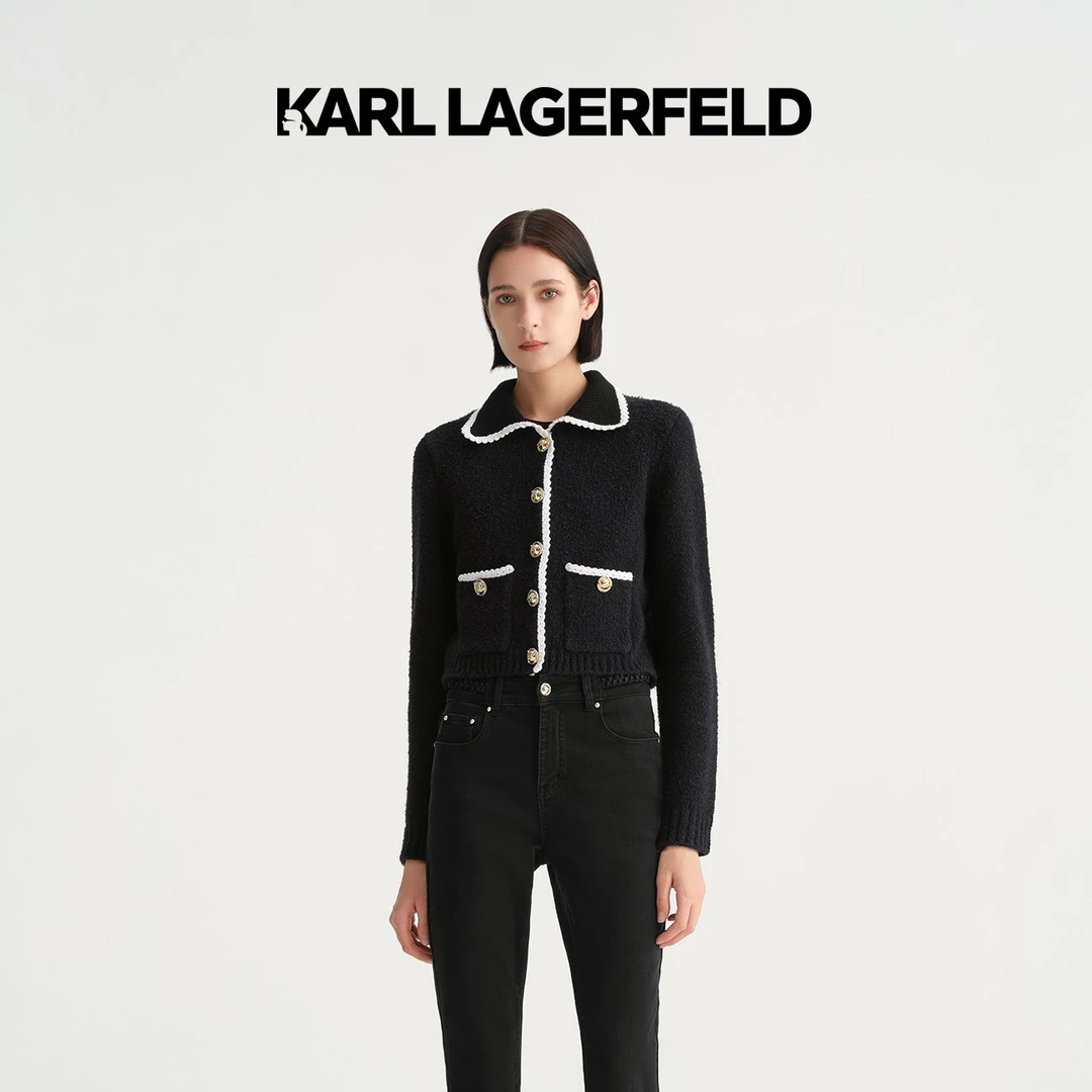 KARL LAGERFELD秋撞色边双袋针织开衫E36W2015