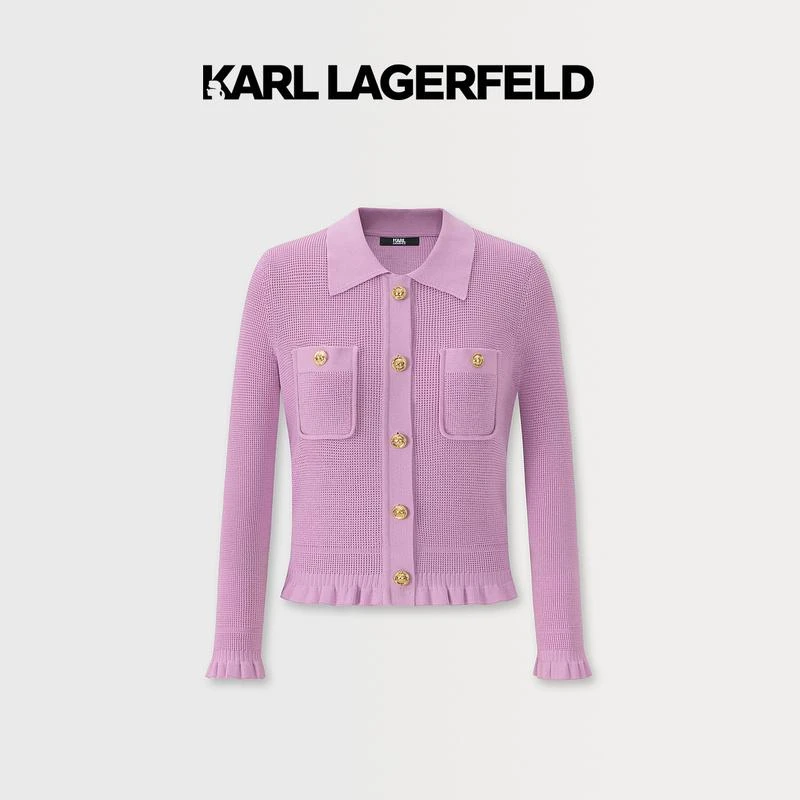 KARL LAGERFELD卡尔拉格斐春双袋荷叶边针织开衫E41W2010