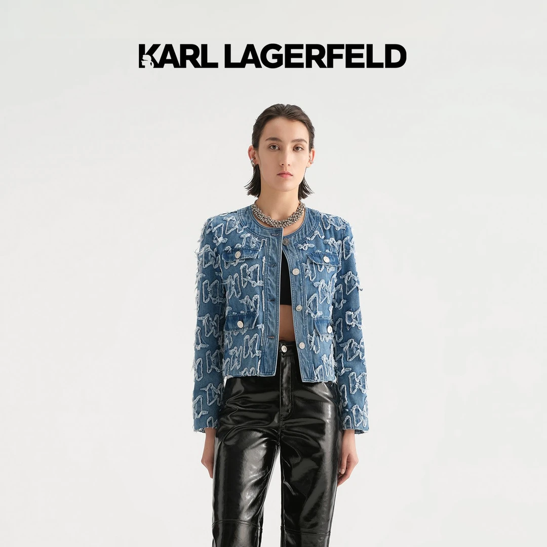 KARL LAGERFELD秋毛边贴布牛仔夹克老佛爷236L1441