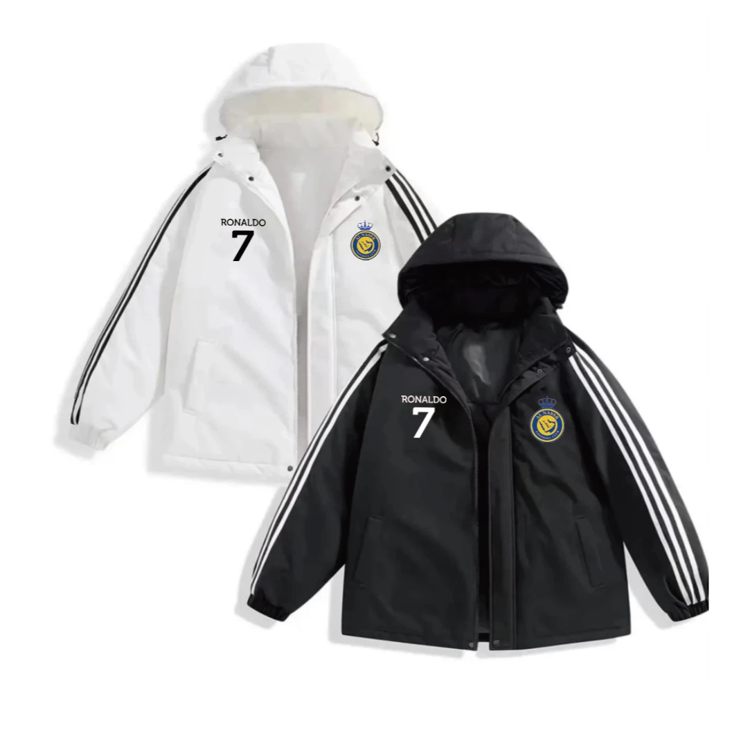 【加厚款】冬季经典三条杠足球运动休闲外套可拆卸帽休闲防风外棉衣