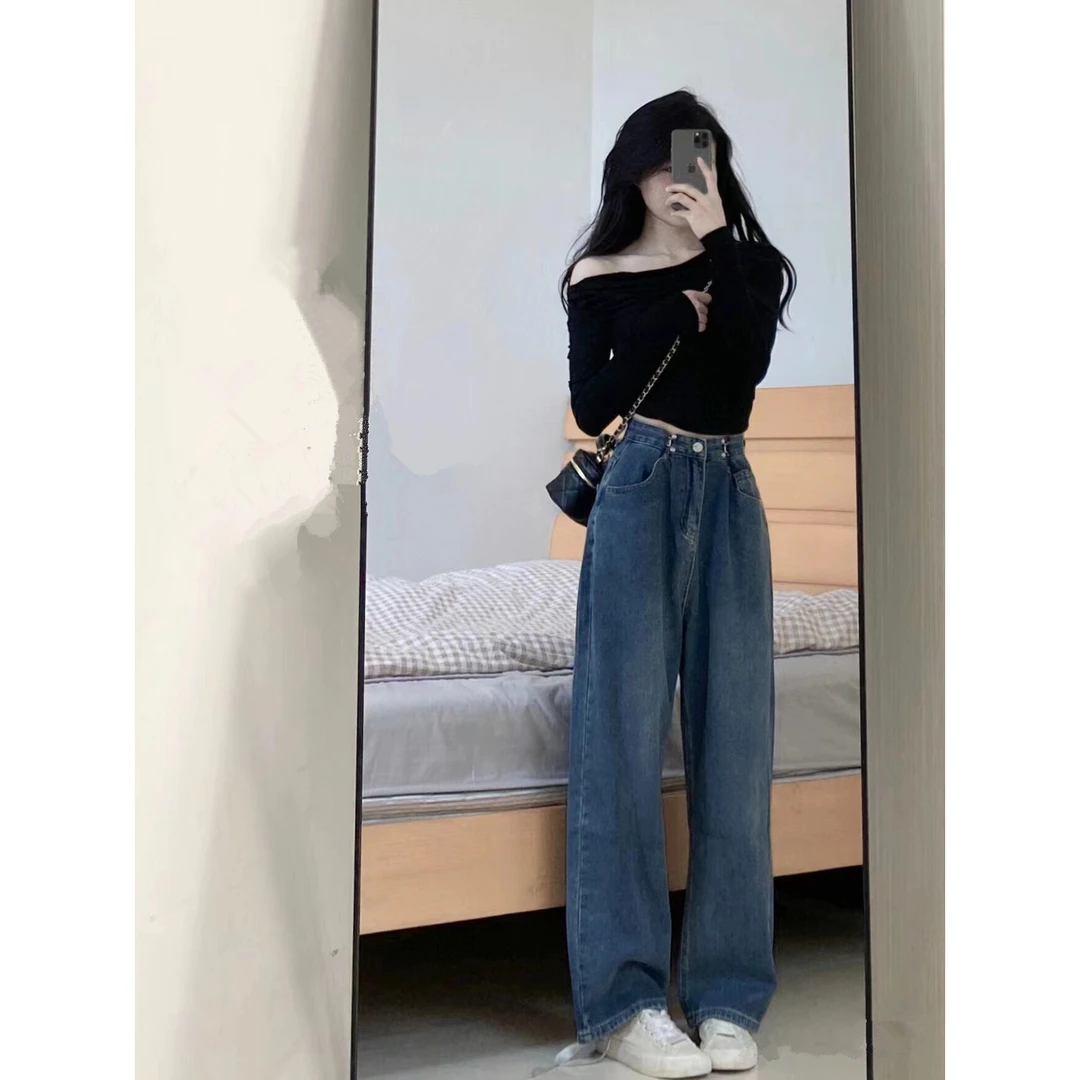 2023年春季新款穿搭好穿好看的一字肩长袖T恤+阔腿牛仔拖地裤套装