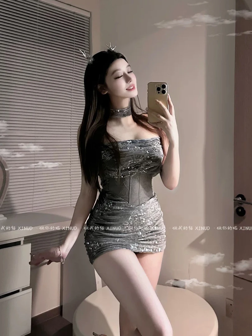 做你的猫：御龙娇纵*原创气质清纯蕾丝亮片抹胸龙女可外穿包臀裙