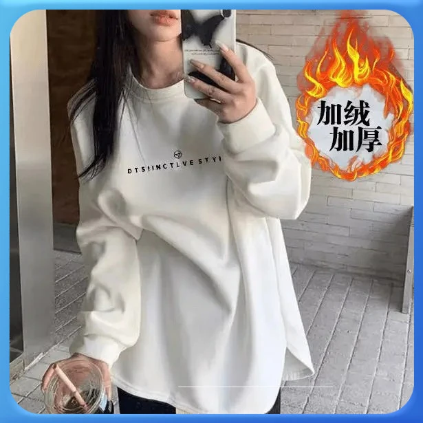 字母打底大白长袖上衣圆领宽松印花女休闲TT恤内搭秋冬百搭