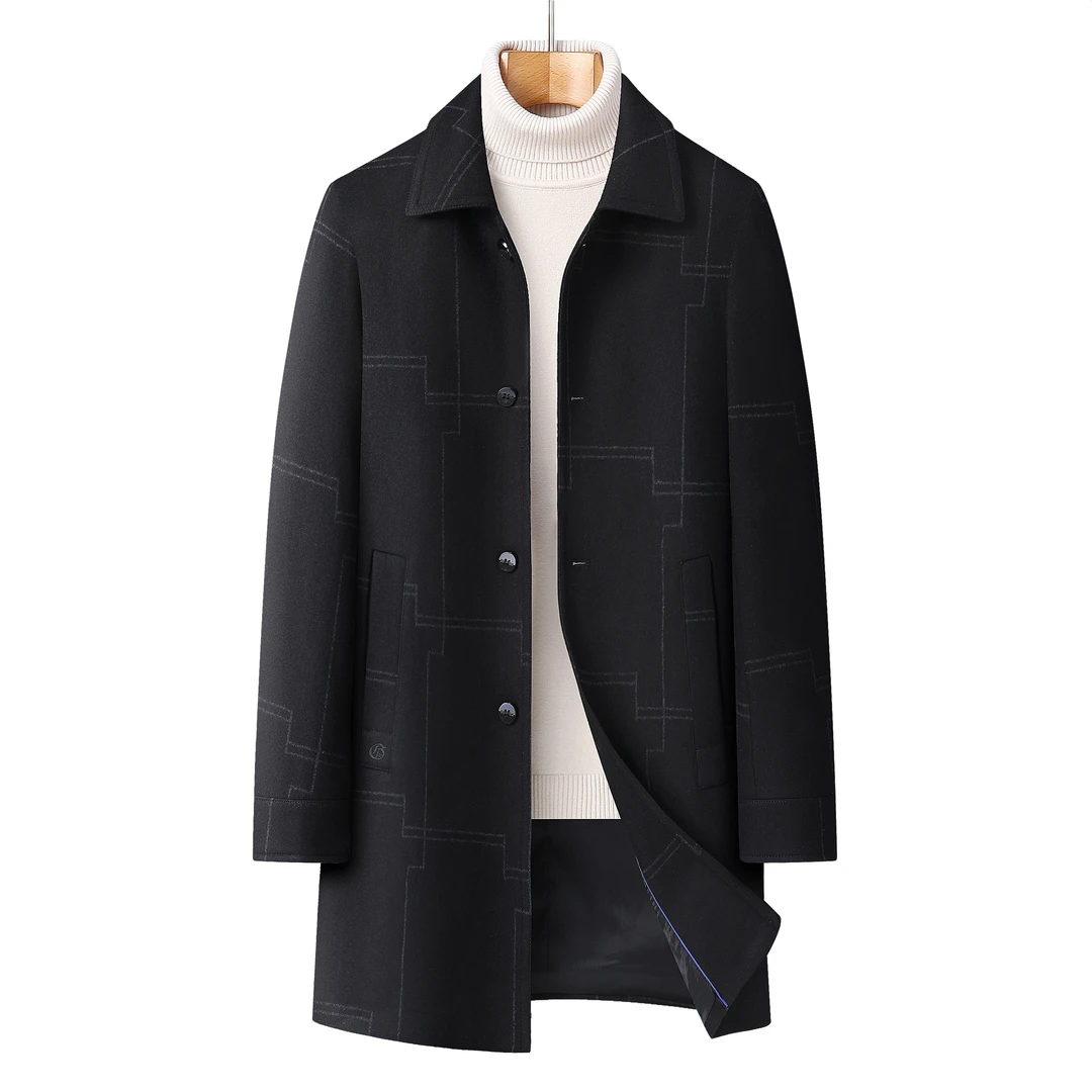 男士春秋季商务气质百搭休闲百搭格子系扣翻领中长款大衣-/981802
