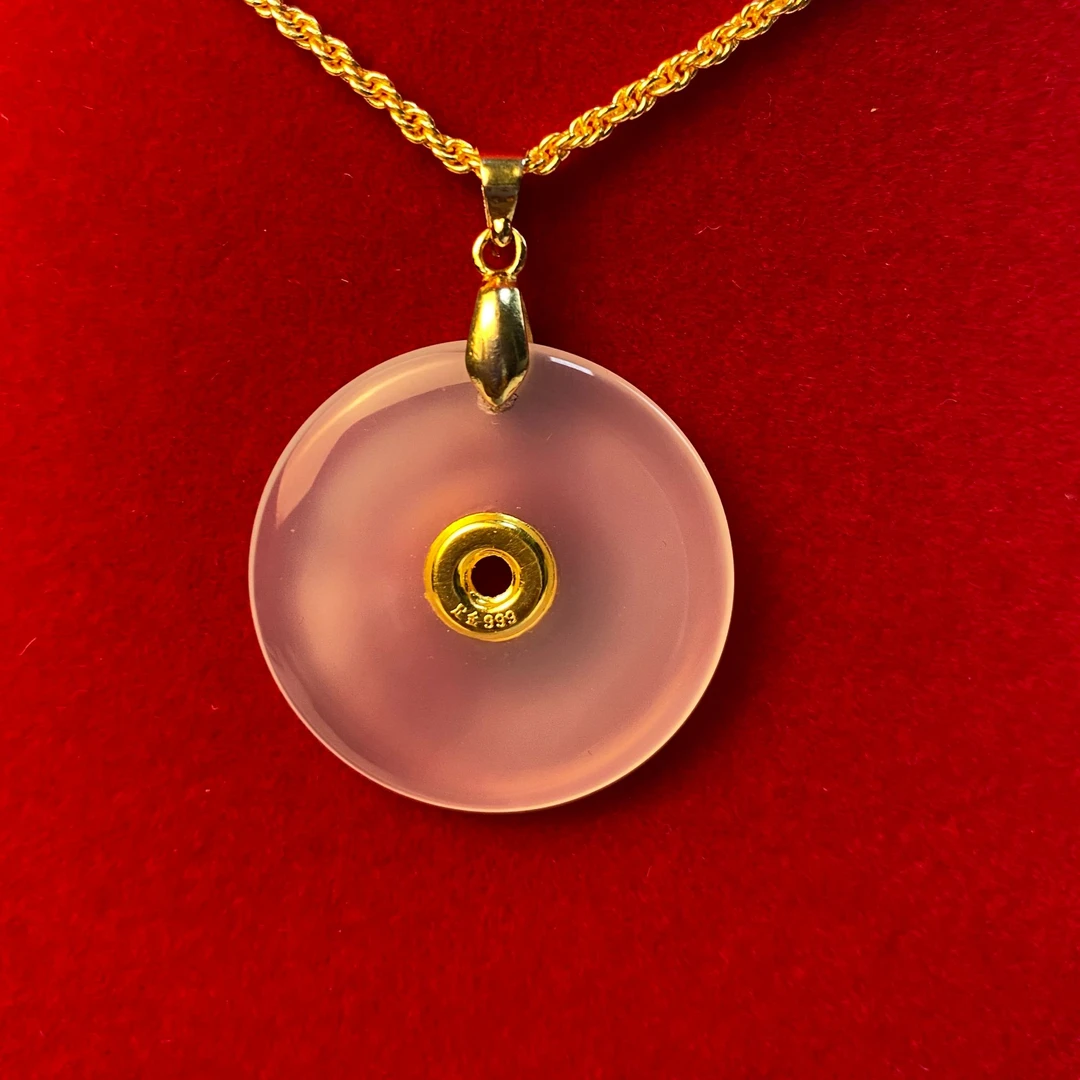 足金黄金真金玉髓平安扣吊坠-带证书礼盒-赠合金链子WLJ+LZP