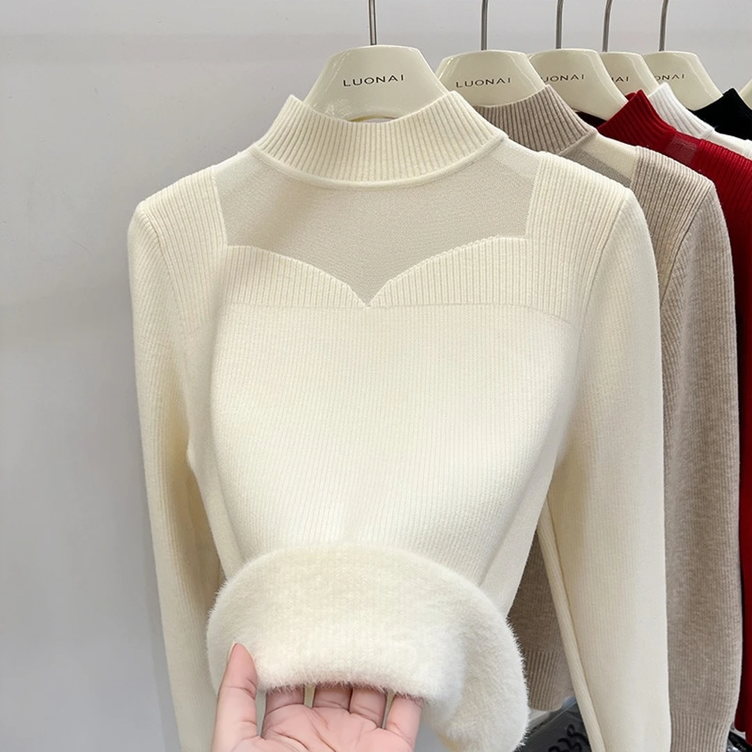 【C魅甄选】新款细闪一体绒加绒加厚毛衣冬水貂绒半高领打底衫8388