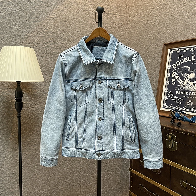 头层牛皮水洗石磨做旧507牛仔夹克复古阿美咔叽修身翻领机车皮衣