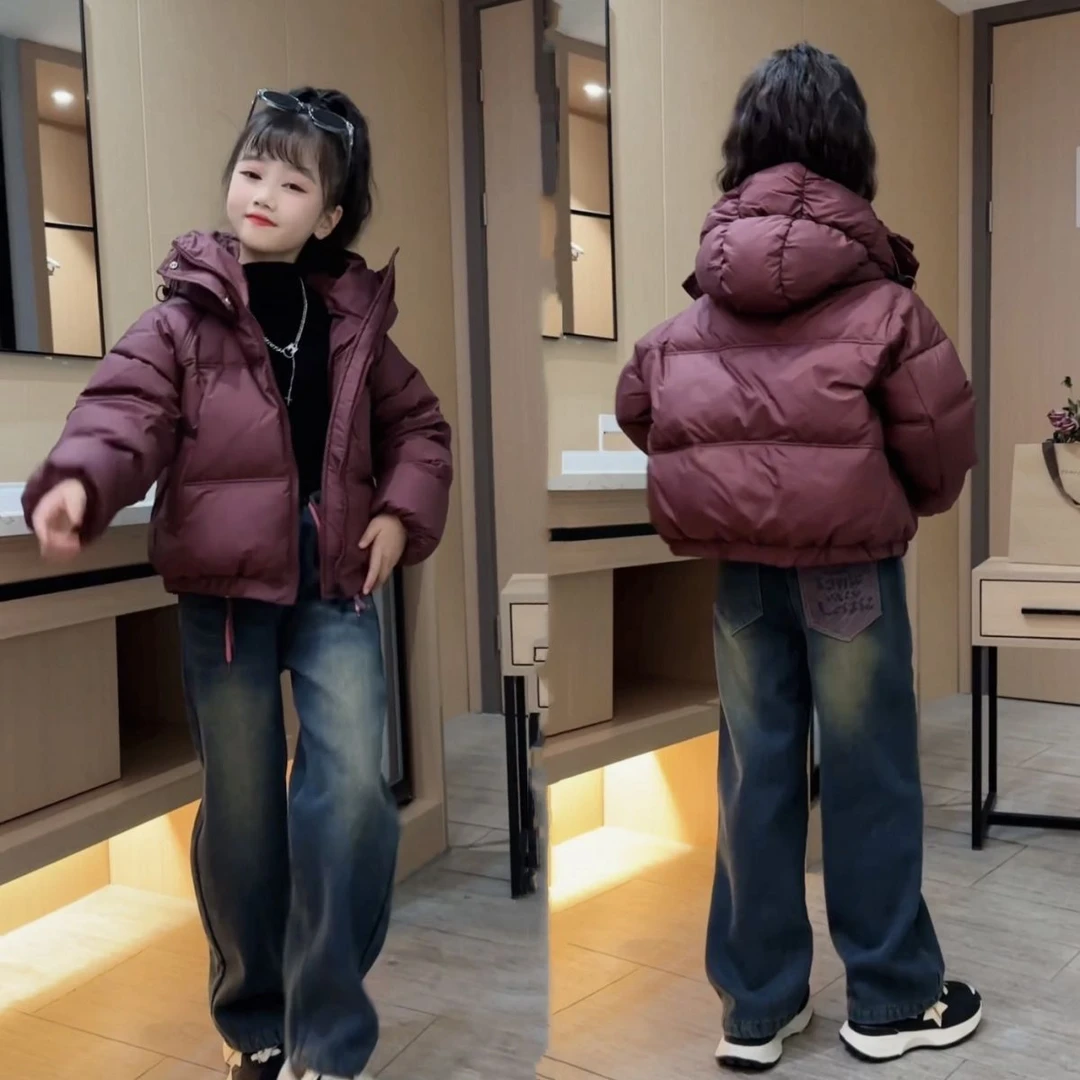 女童冬装短款加厚棉服套装2025新款洋气儿童时髦女孩加绒牛仔裤潮