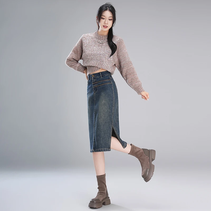 2024秋季新款牛仔半身裙高腰弹力开叉百搭A字裙时尚显瘦长裙6636