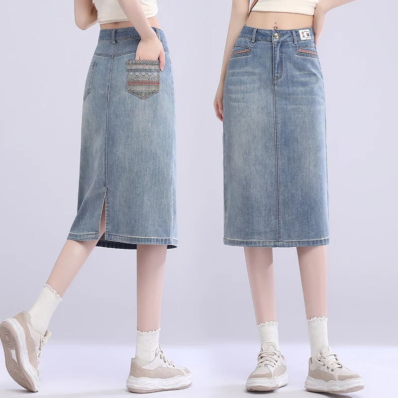 夏季新款牛仔半身裙中长款女后开叉高腰A字裙刺绣弹力半身裙2038