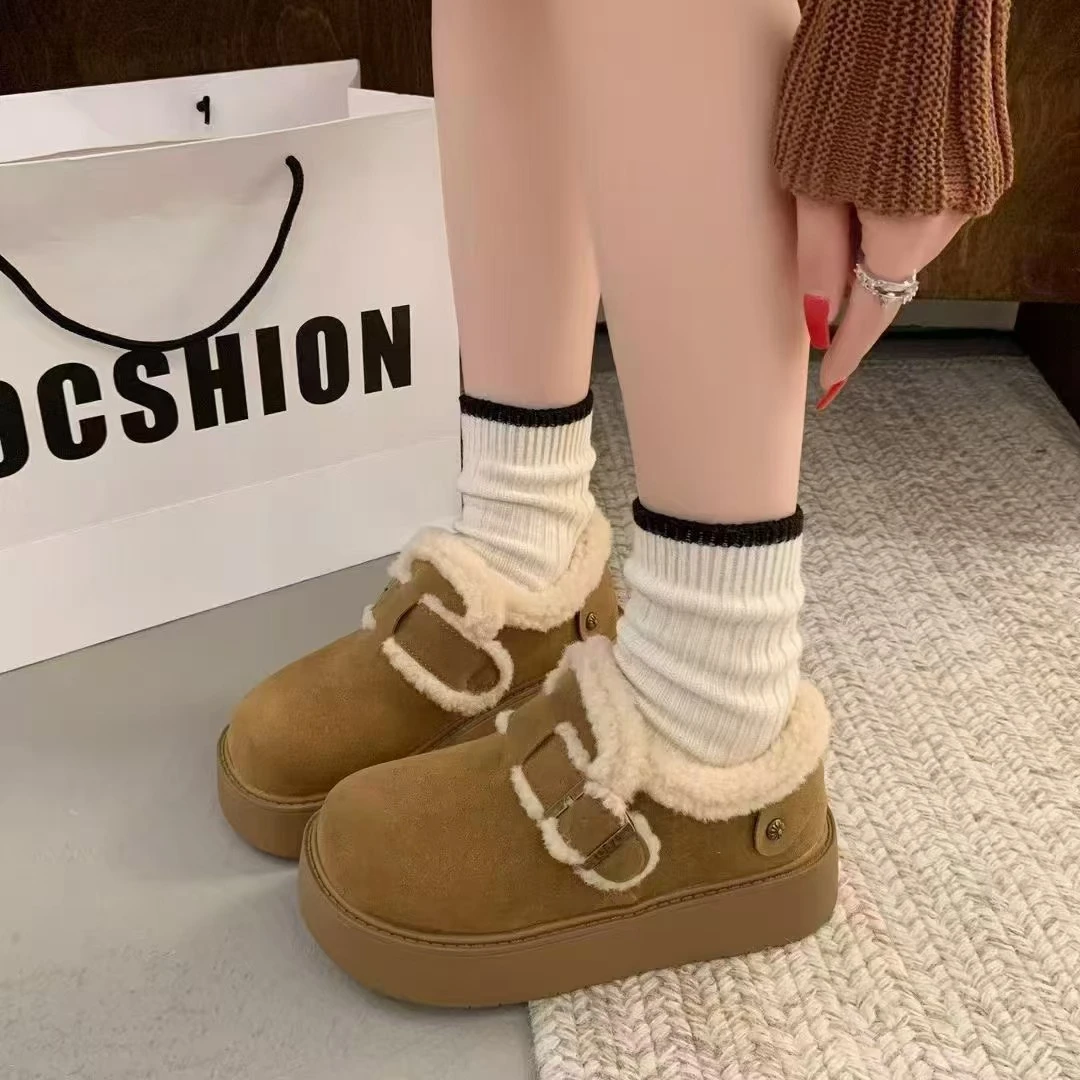【纯缘依依家】新款加绒松糕厚底一脚蹬保暖雪地棉