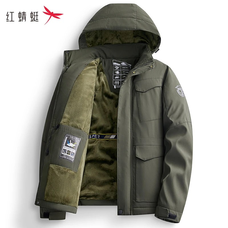 红蜻蜓工装棉服外套男冬季加绒加厚防风防水连帽中老年爸爸冲锋衣
