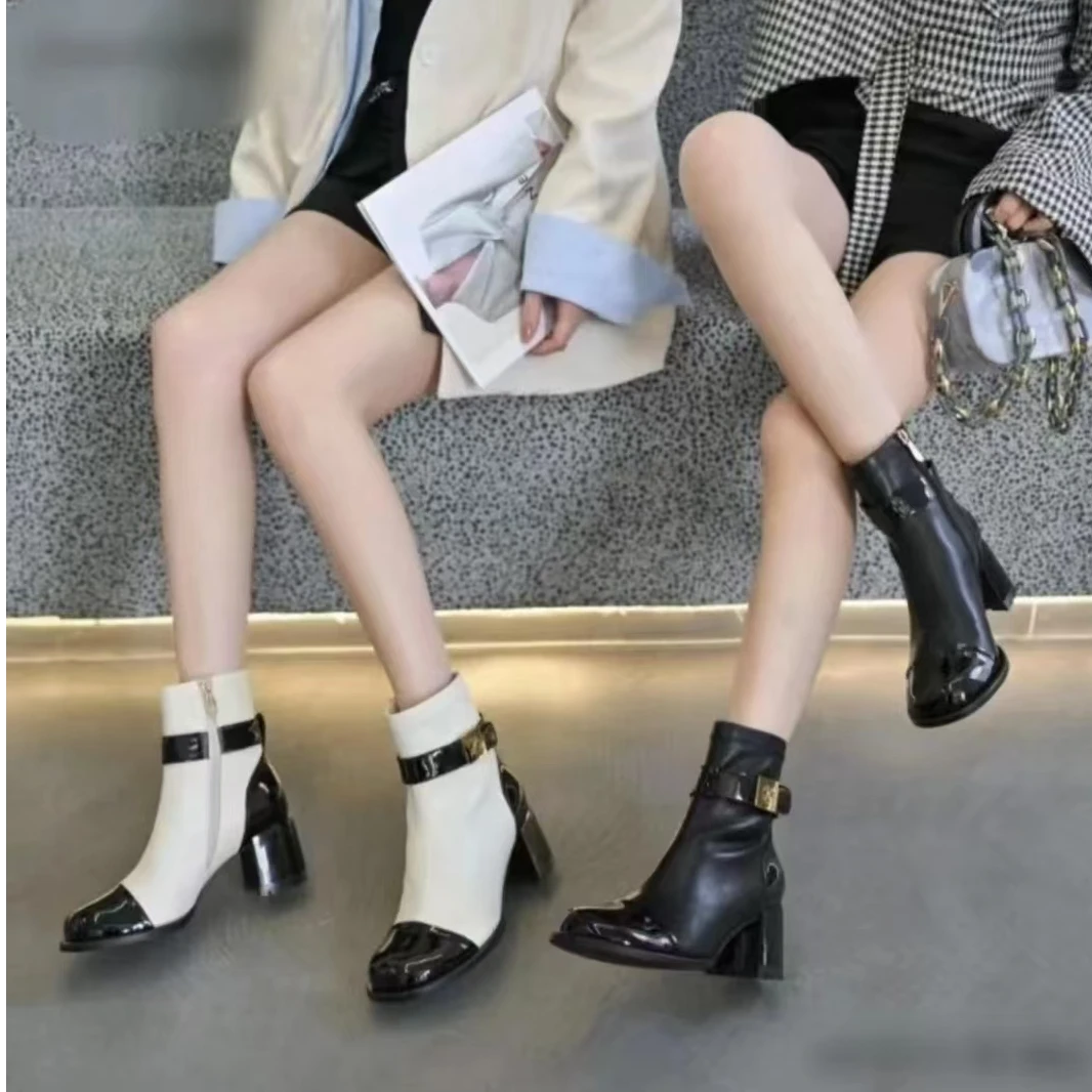 秋冬新款时尚瘦瘦靴百搭舒适粗跟方头气质女士时装靴