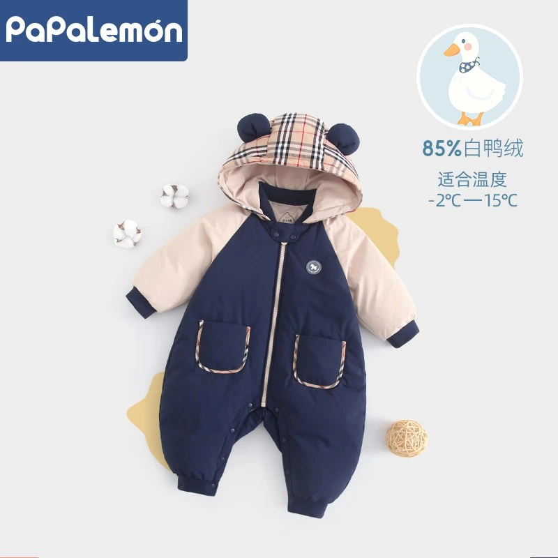柠檬爬爬三防宝宝保暖羽绒服冬季婴儿轻薄连体衣外出连帽哈衣冬装