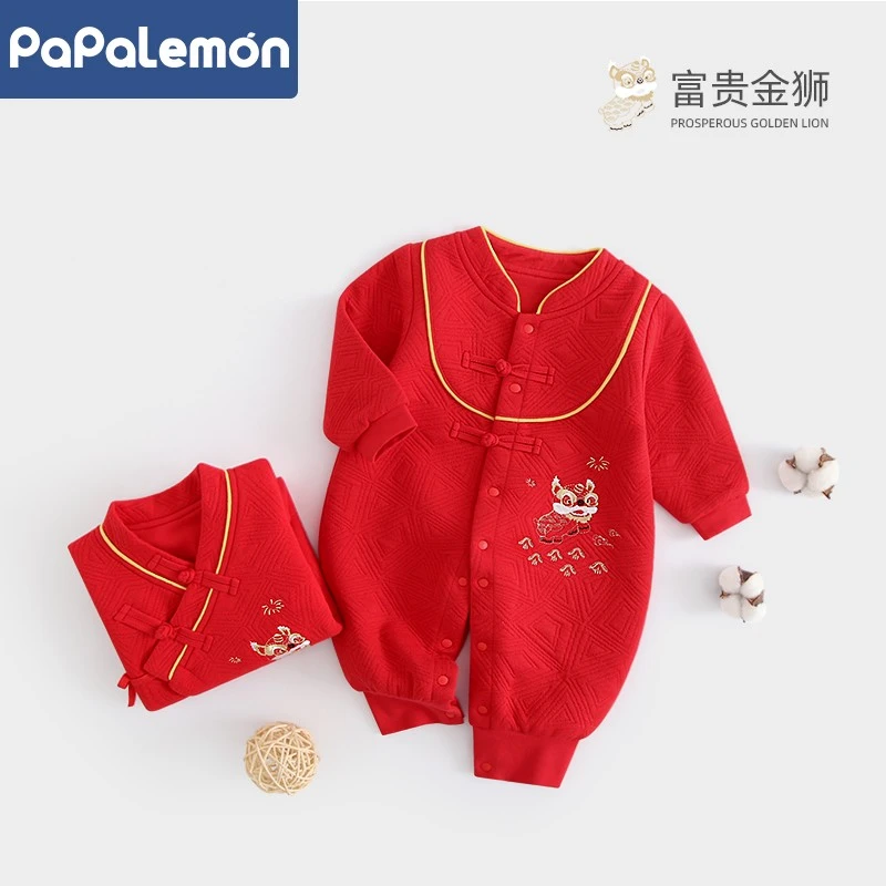 婴儿夹棉连体衣服秋冬保暖男女宝宝红色喜庆哈衣新生儿满月百日宴