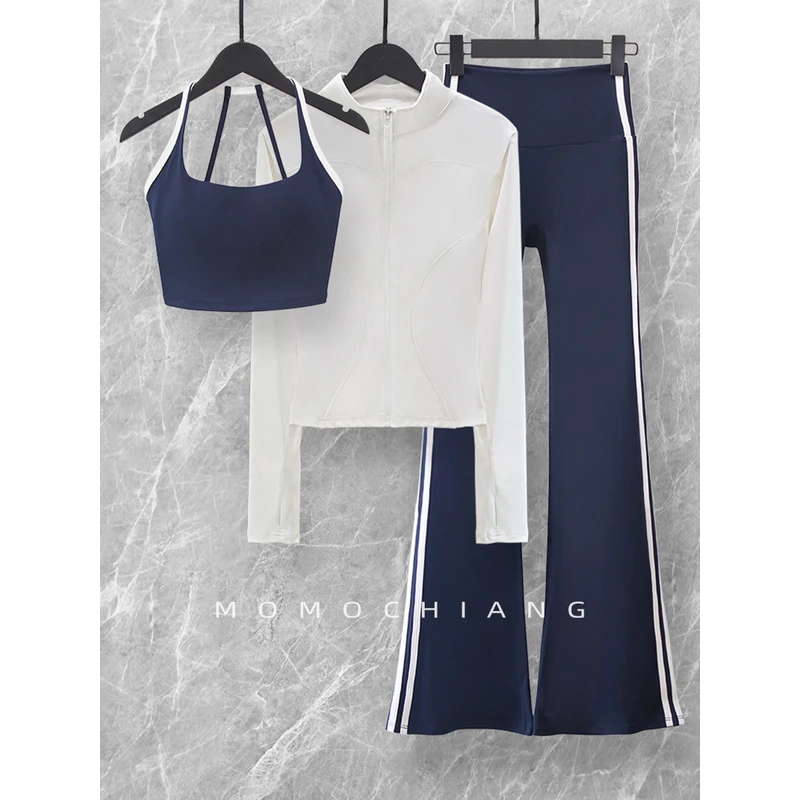 秋新款瑜伽服套装女长袖时尚条纹撞色修身速干喇叭裤三件套可外穿