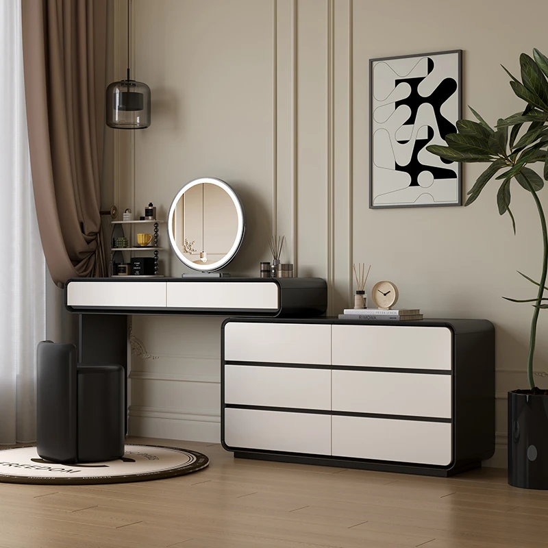黑色梳妆台斗柜一体现代简约实木化妆家用桌卧室轻奢高级感床尾柜