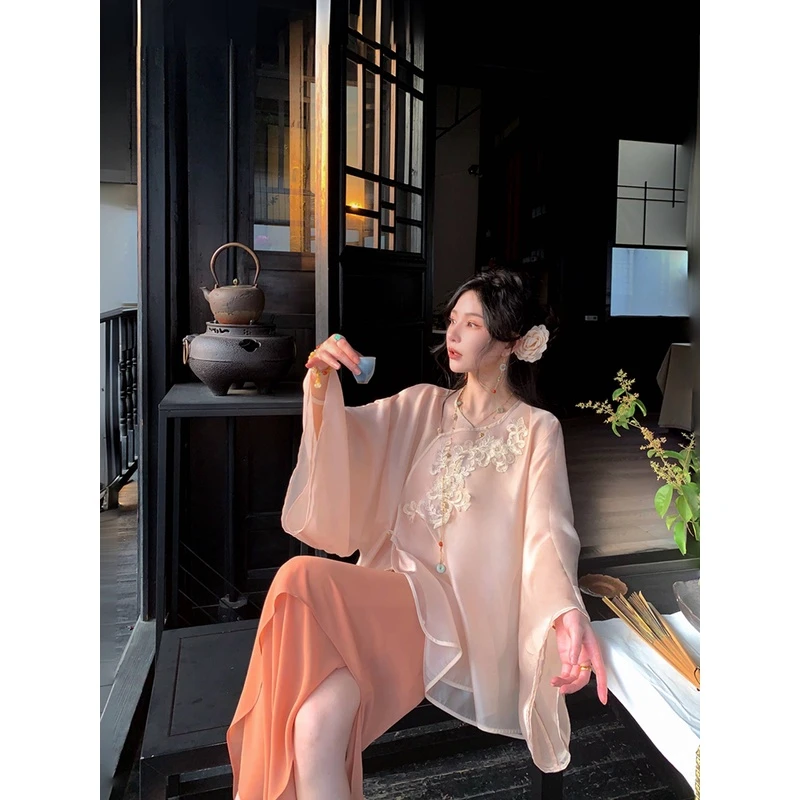 moss studio【兰伶】国风新中式夏剪裁珠光古典喇叭袖衬衫上衣女