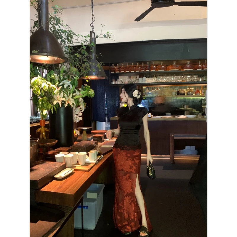 MOSS STUDIO【繁花曼妙】夏季国风新中式立体剪花开衩中长半裙女