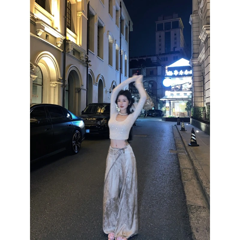 MOSS 【东方新贵】夏季薄国风新中式阔腿裤拖地休闲长裤女