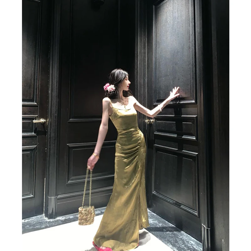 moss【金风玉露】国风不规则斜裁抽褶吊带新中式连衣裙女