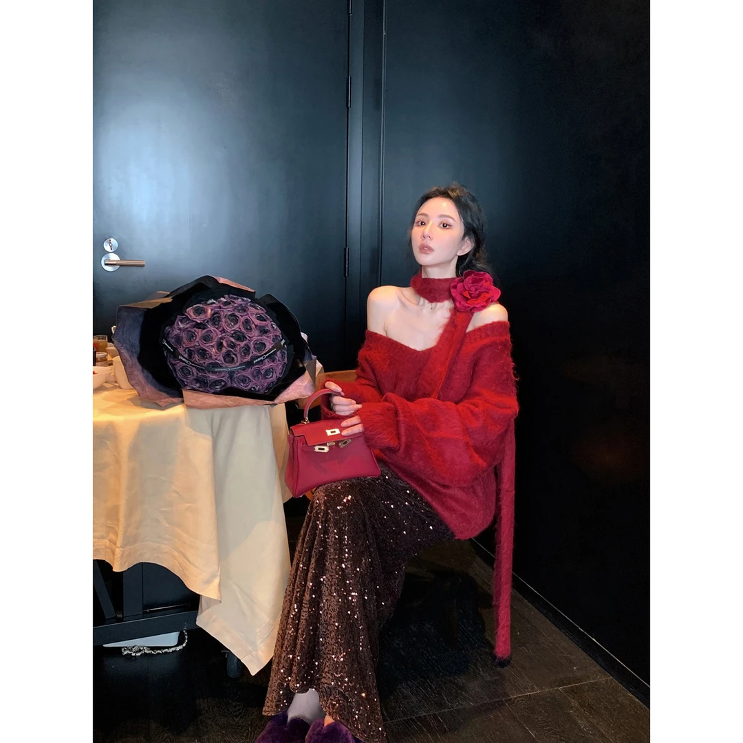 MOSS STUDIO【红绫梦】国风新中式红色圣诞毛衣羊驼毛上衣女