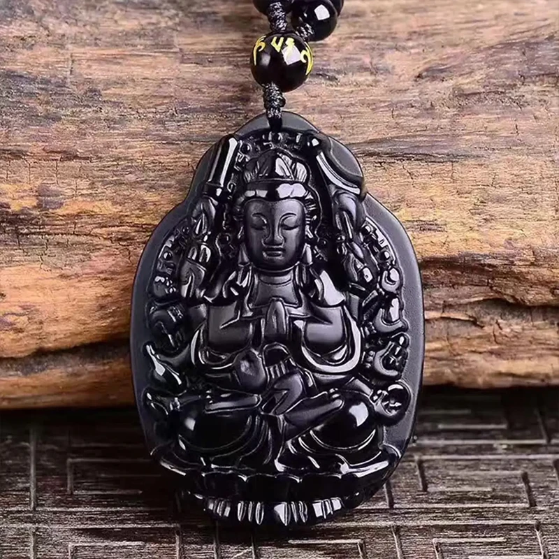 天然黑曜石万字边千手观音本命佛吊坠属鼠守护神菩萨平安男女吊坠
