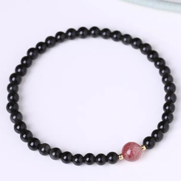 天然黑曜石手链女款彩虹眼简约百搭紫色珠草莓转运珠单圈手串礼物