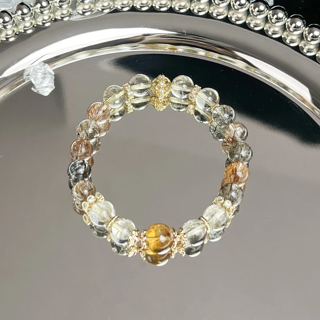 【锦绣前程】天然黑金超七+金发晶+黄塔晶手串显白级高女款样性发一