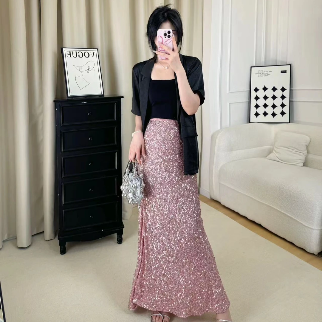 纯色亮片鱼尾裙夏季新款时尚小众设计高腰气质百搭女装显瘦半身裙