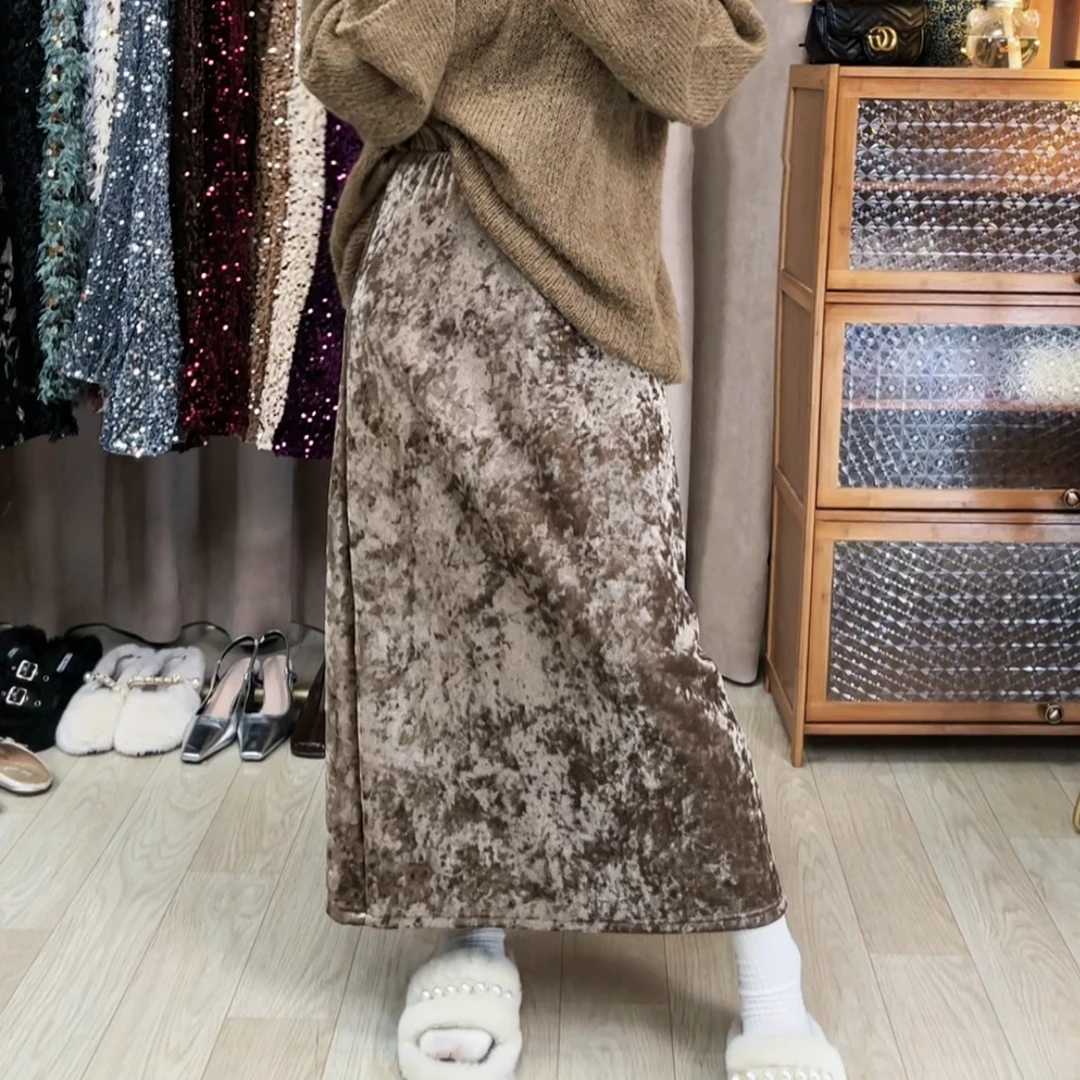冬裙显瘦金丝绒半身裙后开叉秋冬中长款a字裙子半裙2023新款冬季
