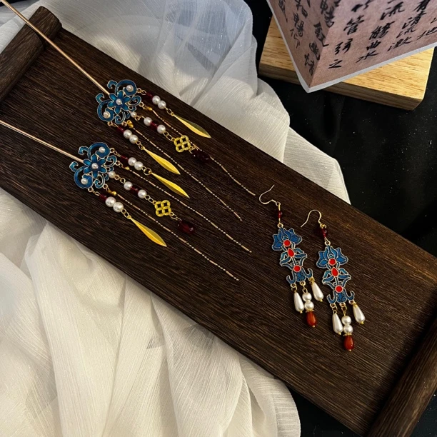 汉服头饰烧蓝发簪新中式中国风发冠明制发饰