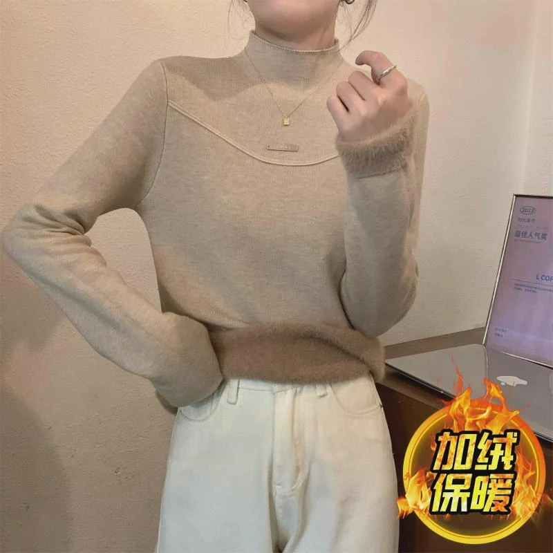 一体绒加厚打底衫女半高领保暖衣秋冬针织衫内搭洋气毛衣冬季上衣