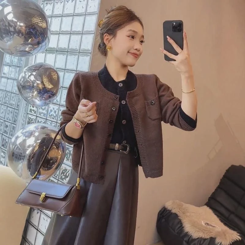 广州十三行撞色拼接假两件针织开衫女秋冬新款设计感减龄软糯毛衣