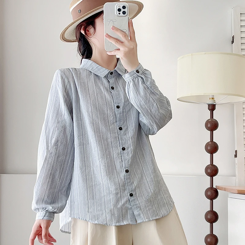 【刘营专属】春秋宽松时尚条纹衬衣开衫韩系小清新蓝色条纹衬衫上衣