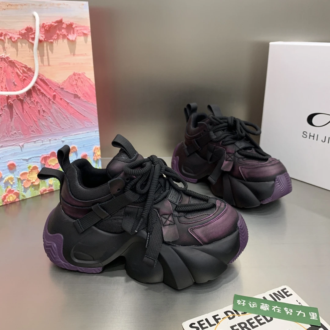 欧货女款复古松糕老爹鞋2024秋季新款网红系带时尚厚底增高运动鞋