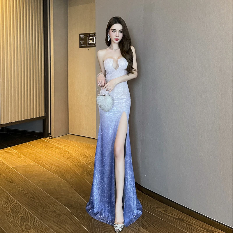 晚礼服女2024新款高端气质修身抹胸性感亮闪闪渐变生日宴会裙子