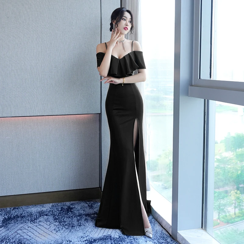 宴会主持人高贵新款气质黑色高端轻奢鱼尾长款修身高贵气质晚礼服