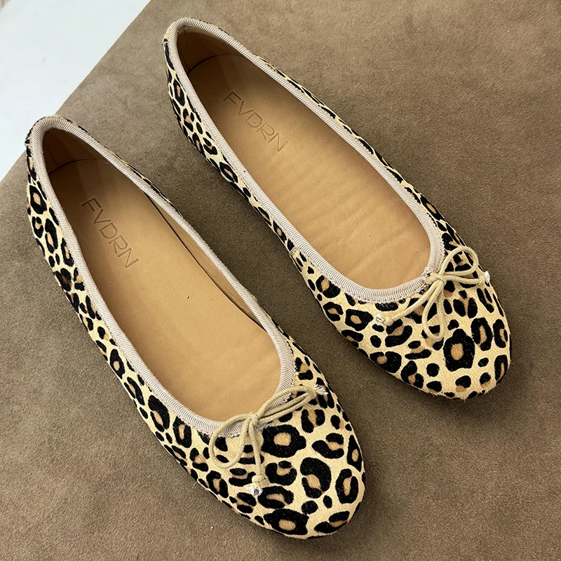 马毛  芭蕾舞真皮圆头浅口女单鞋蝴蝶结黑色休闲平底鞋 软底