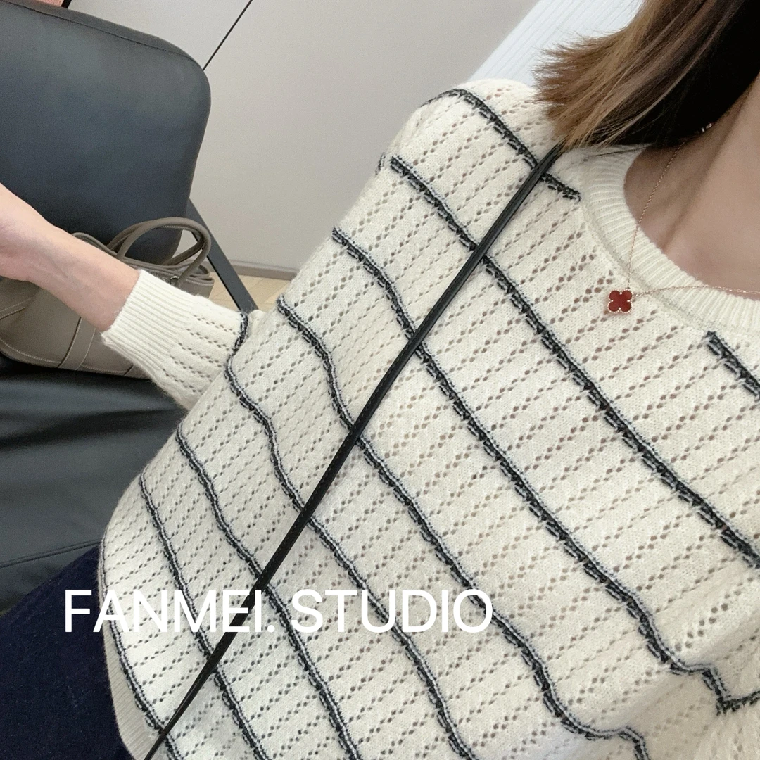 拼色镂空针织衫宽松长袖显瘦上衣2024秋季新款女装罩衫