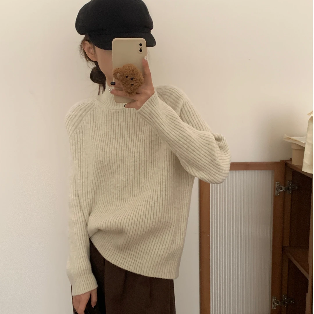 秋冬加厚时尚气质简约毛衣宽松慵懒竖坑条纯色秋冬女装针织衫上衣