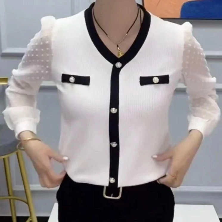 新款女士春夏季小香风设计蕾丝雪纺长袖时尚百搭小衫打底洋气显瘦