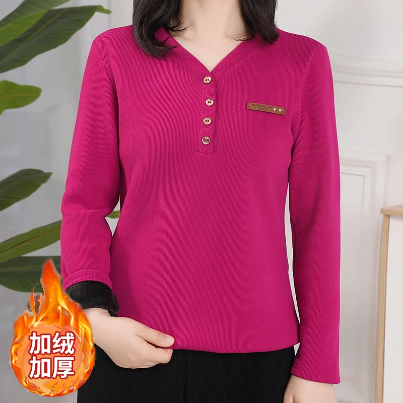 女士加厚加绒洋气秋冬季新款长袖显瘦V领上衣女时尚百搭T恤打底衫