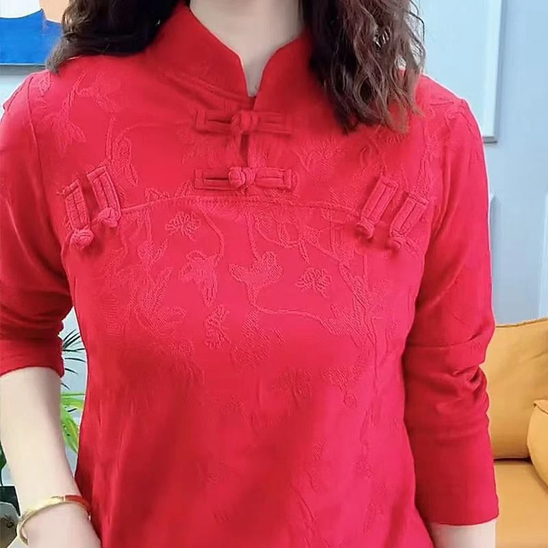 新款国风长袖保暖加绒盘扣提花时尚上衣旗袍复古修身立领气质打底
